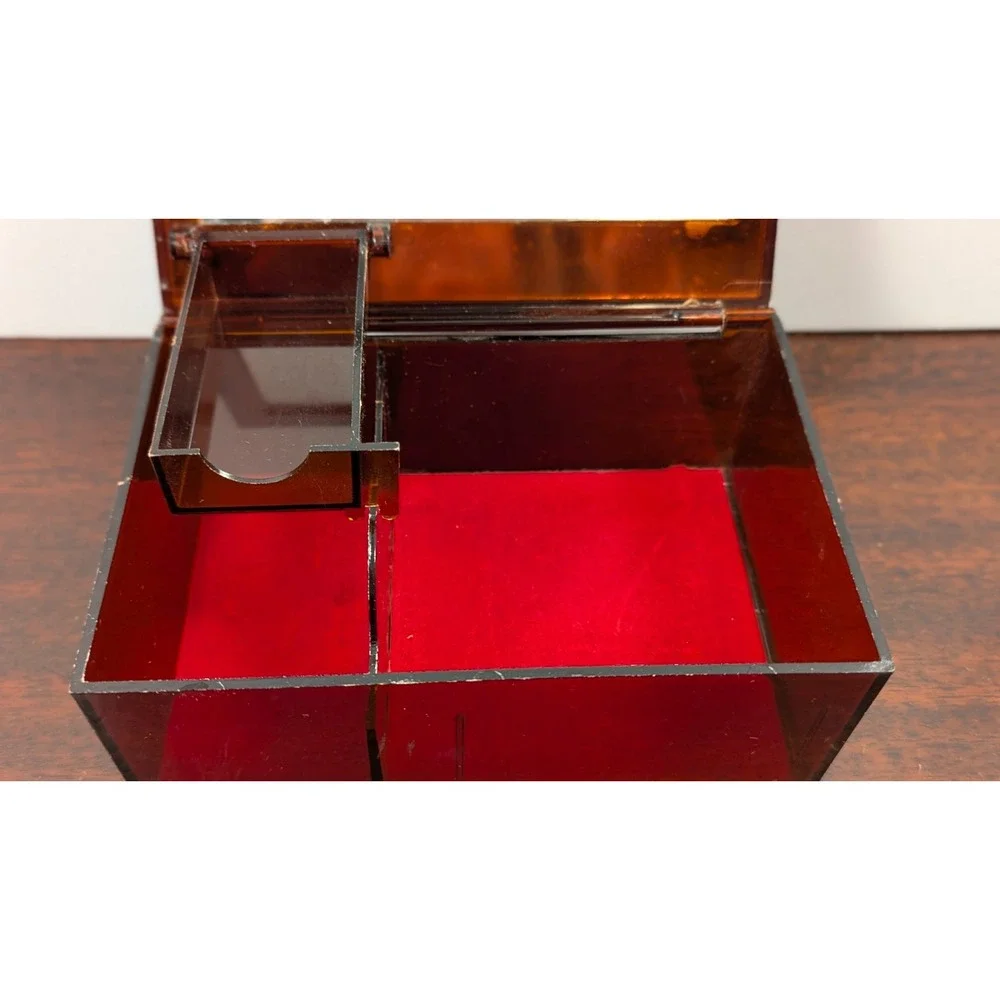 Vintage Floral Amber Acrylic Jewelry Box Mirrored Lid Lucite Style Trinket Box